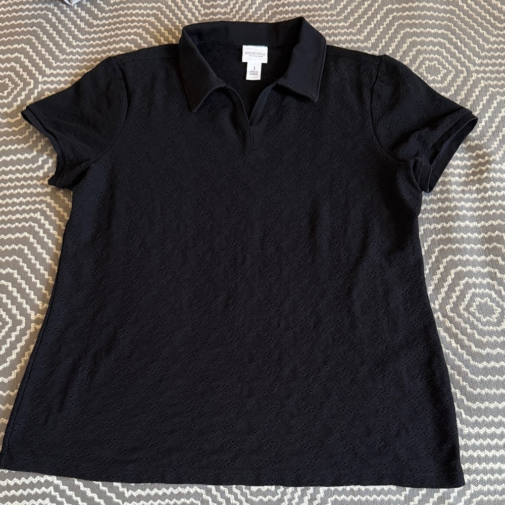 Chico's Black Eyelet Textured Short Sleeve Polo Weekends collection